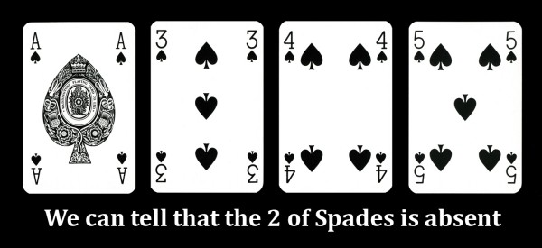 The ace, 3, 4 and 5 of spades in a row
