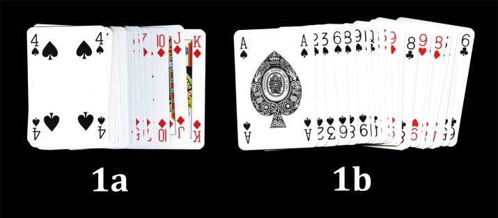 Two piles of cards face up, slightly spread out. The leftmost one has a 4 of spades on top, and a 10, jack and king of diamonds at the back. The rightmost one has an ace of spades on top, and a 6 of clubs at the back